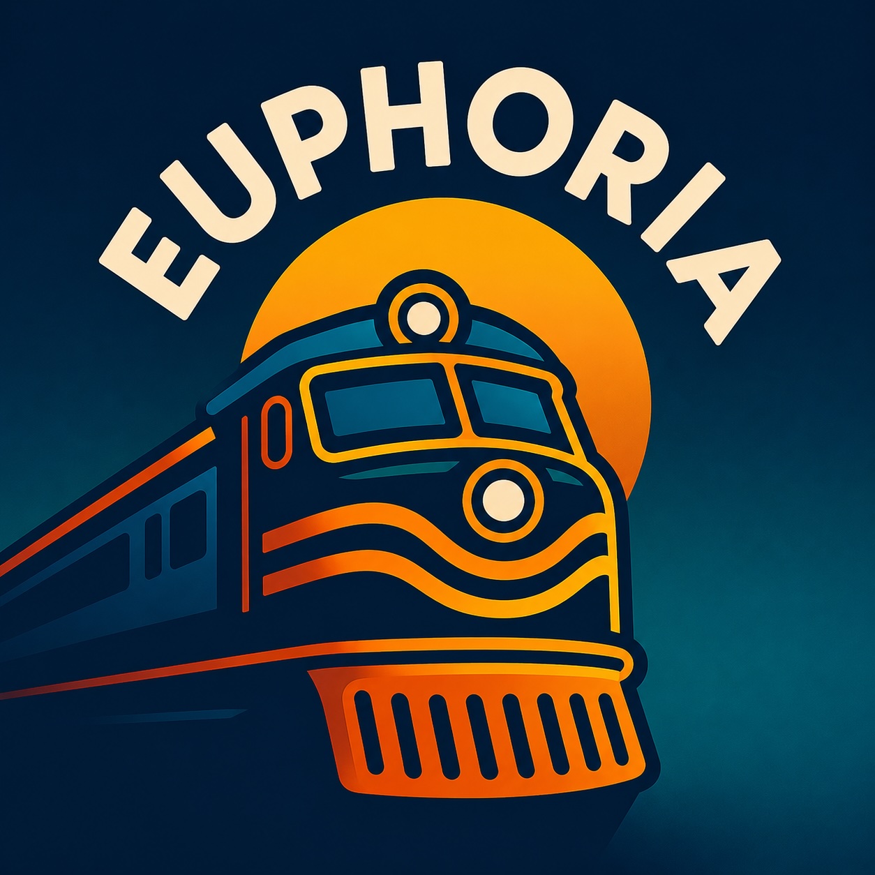 Locomotive Euphoria bleu nuit et orange devant un soleil, sous le nom Euphoria en lettres crème.
